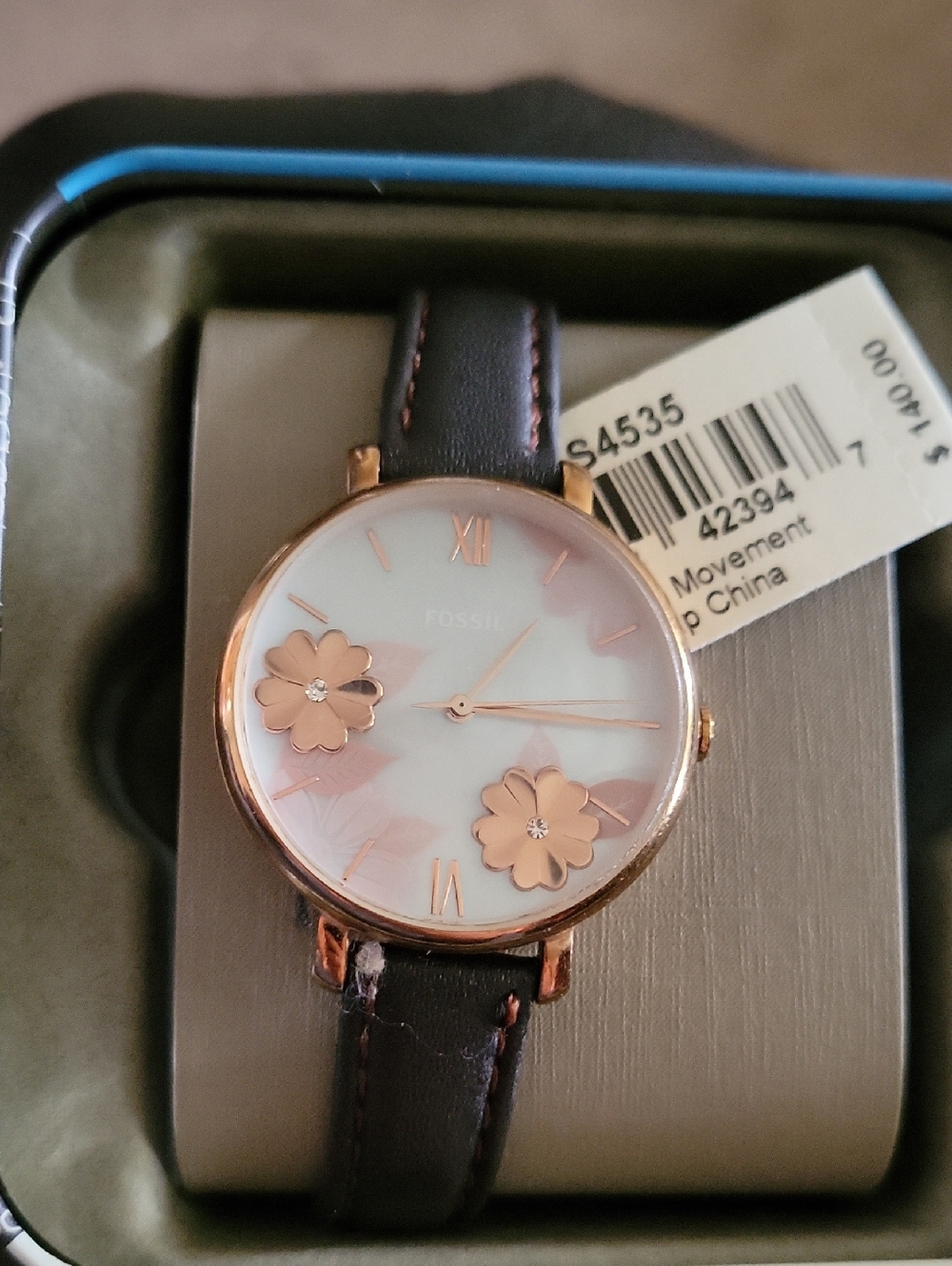 Fossil Women's Rose Gold Floral Dial with Brown Leather Band